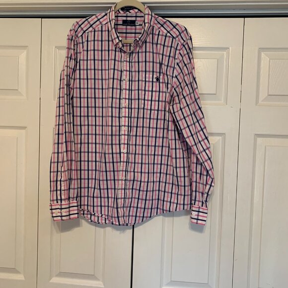 Men's Simply Southern Plaid Long Sleeve Button Up White Navy Pink Shirt XL - Picture 7 of 12